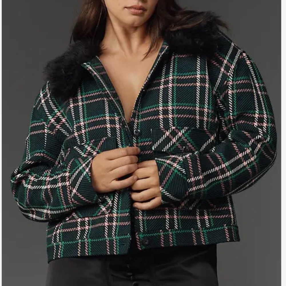 Anthropologie Maeve Plaid Crop Faux-Fur Collar Coat
